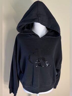 Calvin Klein Black Sequin CK Logo Pullover Hoodie